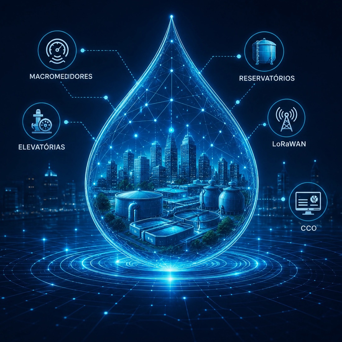 Gota d’água conectada a macromedidores, reservatórios, elevatórias, telemetria LoRaWAN e centro de controle operacional