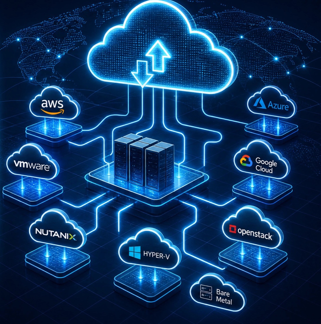 Nuvem central conectada a AWS, Azure, Google Cloud, VMware, Nutanix, OpenStack, Hyper-V e Bare Metal