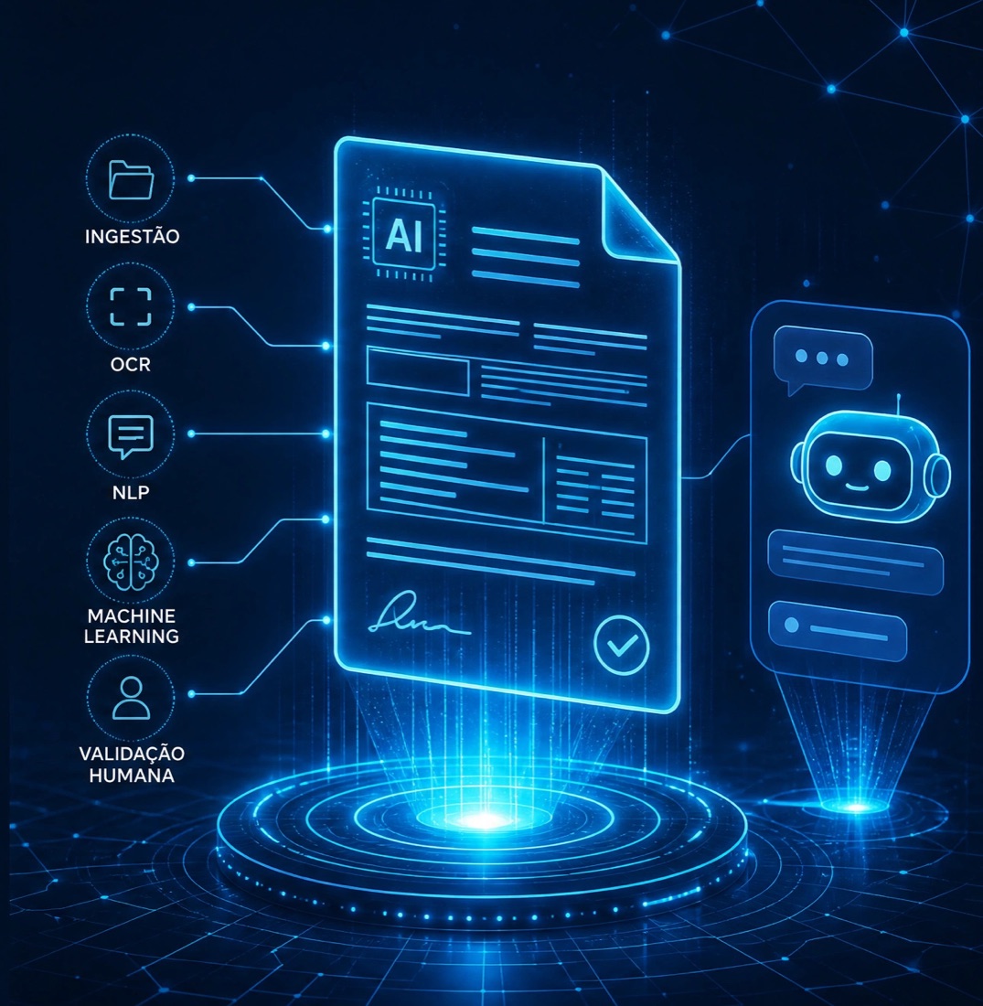 Documento processado por IA — ingestão, OCR, NLP, machine learning e validação humana — ao lado de um assistente virtual