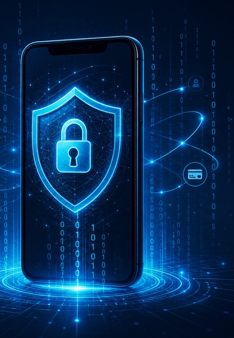 Smartphone protegido por escudo com cadeado, cercado por fluxos de dados