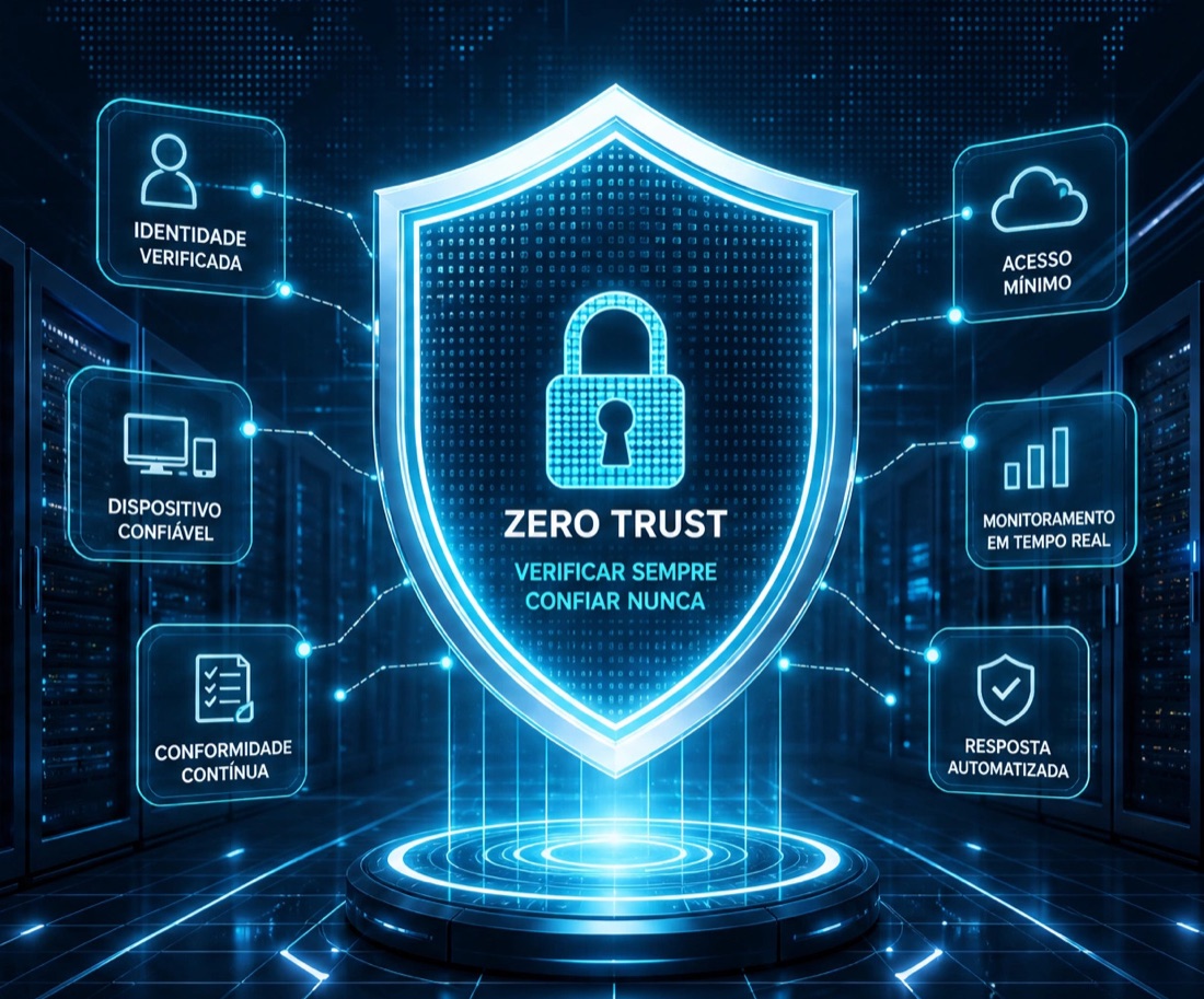 Escudo Zero Trust conectado a identidade verificada, dispositivo confiável, conformidade contínua, acesso mínimo, monitoramento em tempo real e resposta automatizada
